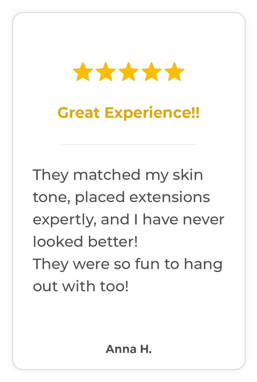 praising Letmeglam's service for matching skin tone and placing extensions expertly.